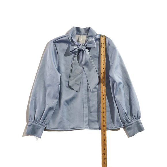 Vintage Onyou Blouse Womens Size S Light-Blue Long-Sleeve Bow-Tie Neck Blouse - Picture 3 of 7